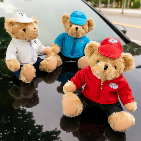 Custom car brand teddy bear plush toy with branded T-shirt or hoodie, ideal 4S dealership gift
