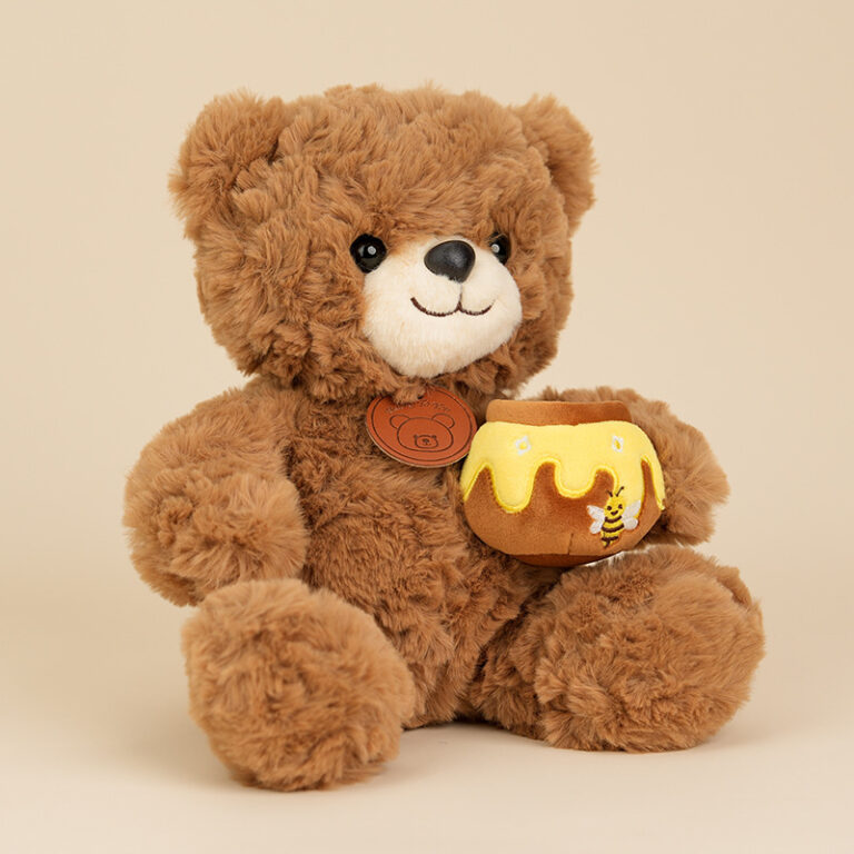 Cartoon Teddy Bear Holding Honey Jar – Cute Plush Toy for Kids and Girls