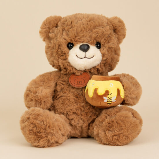 Cartoon Teddy Bear Holding Honey Jar – Cute Plush Toy for Kids and Girls