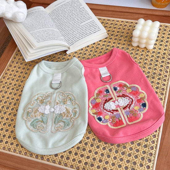 Chinese style dog vest with embroidery and frog buttons – leash-friendly pet outfit

