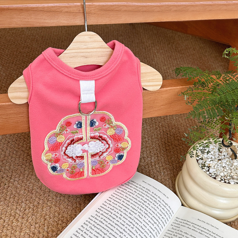 Chinese style dog vest with embroidery and frog buttons – leash-friendly pet outfit