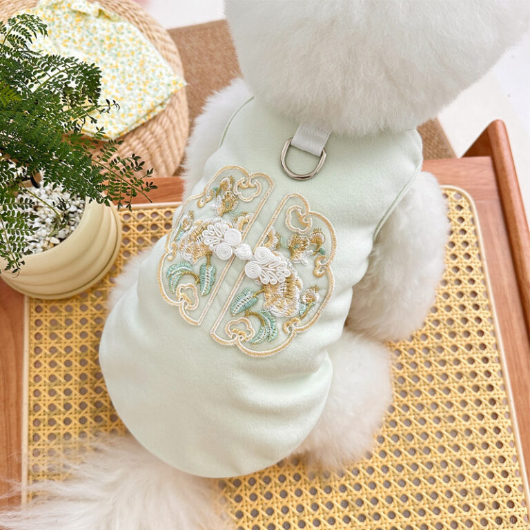 Chinese style dog vest with embroidery and frog buttons – leash-friendly pet outfit
