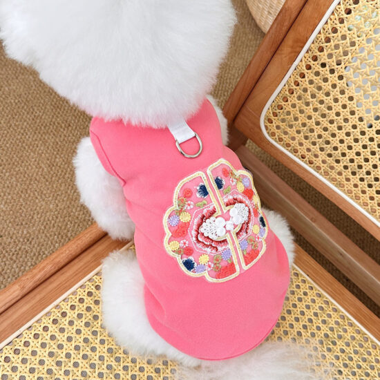 Chinese style dog vest with embroidery and frog buttons – leash-friendly pet outfit


