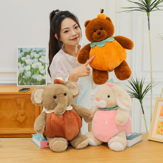 Convertible Plush Toy for Kids – Dress-Up Teddy Bear with Fruit and Animal Costumes
