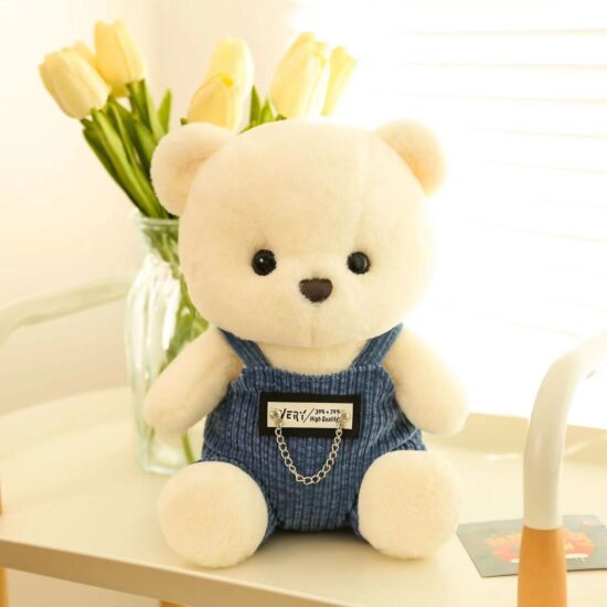  Teddy bear plush toy wearing overalls – cute stuffed doll gift for kids

