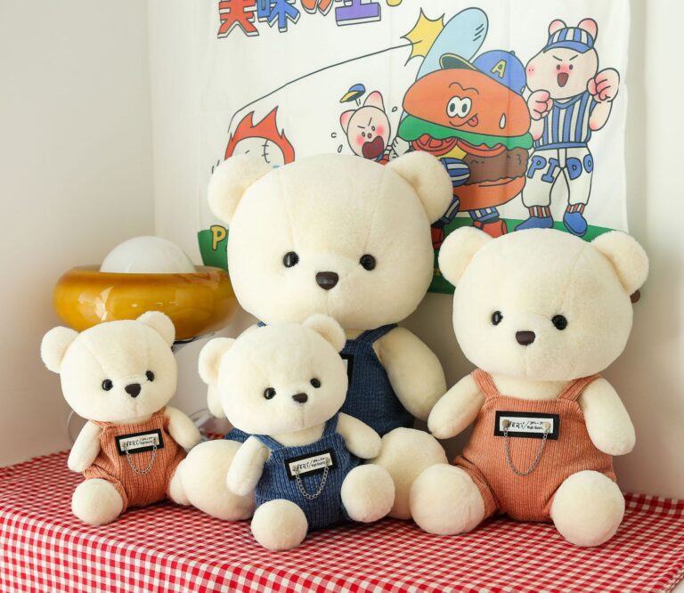 Teddy bear plush toy wearing overalls – cute stuffed doll gift for kids