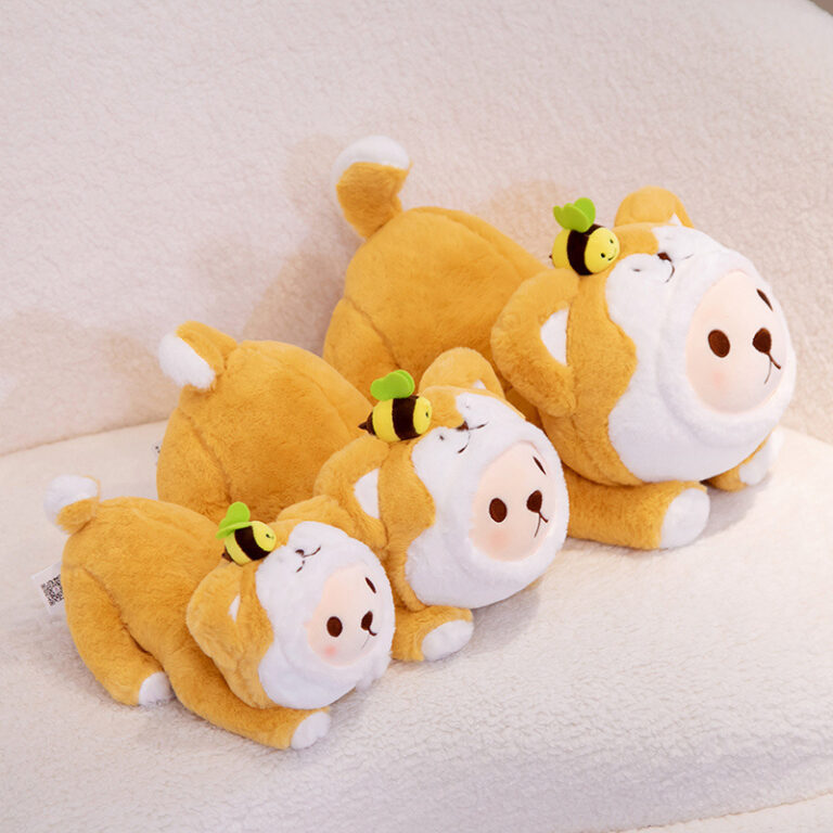 Akita dog plush toy in plaid overalls lying down with cute teddy features