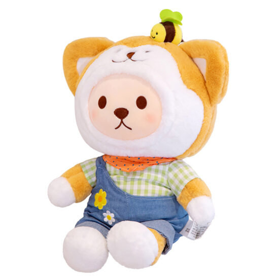 Akita dog plush toy in plaid overalls lying down with cute teddy features
