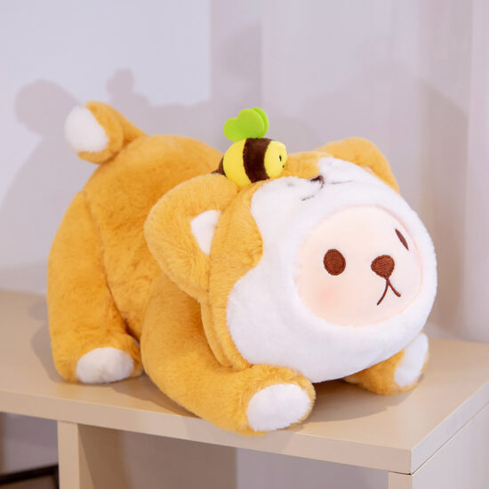 Akita dog plush toy in plaid overalls lying down with cute teddy features