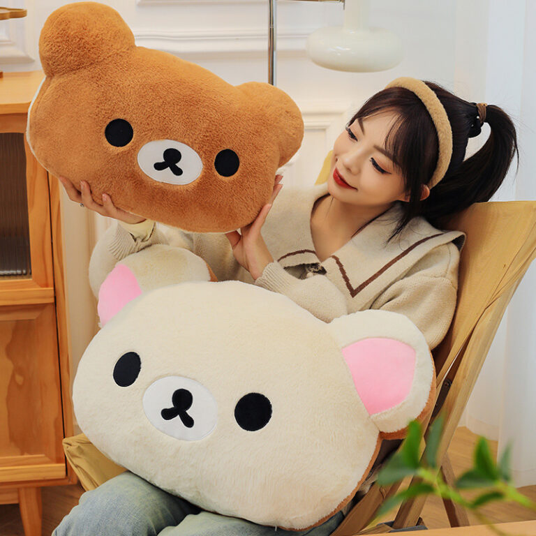 Cute Plush Rilakkuma Bear Head Cushion Pillow, Large Teddy Bear Stuffed Toy for Girls Birthday Gift