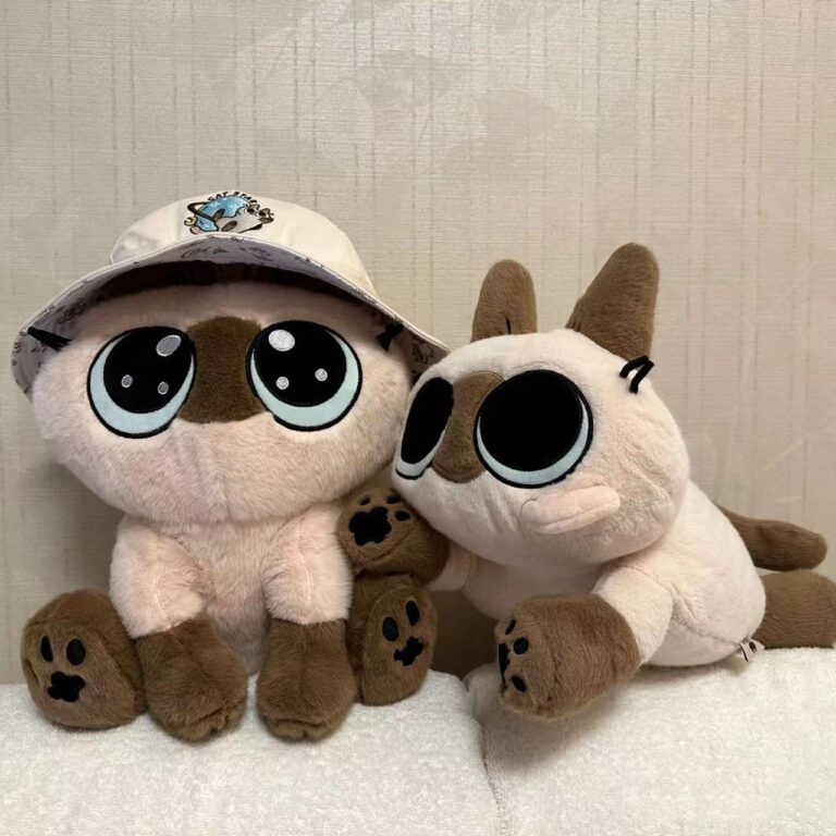 Siamese cat plush doll sitting cutely, anime-style kitten toy