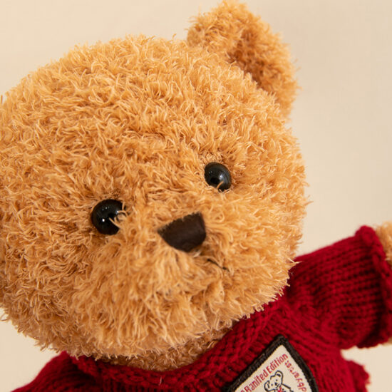 Cute Teddy Bear Plush with Peach Fleece Sweater – Comforting Stuffed Toy for Kids