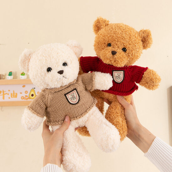 Cute Teddy Bear Plush with Peach Fleece Sweater – Comforting Stuffed Toy for Kids