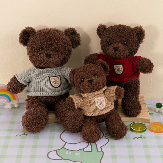 Cute Teddy Bear Plush with Peach Fleece Sweater – Comforting Stuffed Toy for Kids