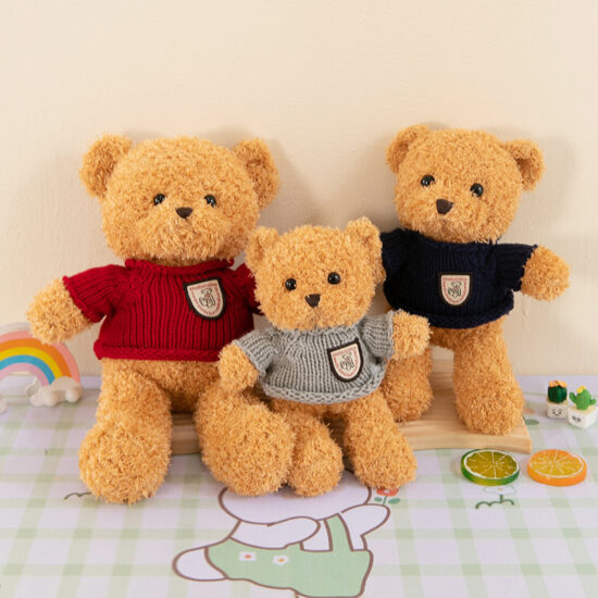 Cute Teddy Bear Plush with Peach Fleece Sweater – Comforting Stuffed Toy for Kids