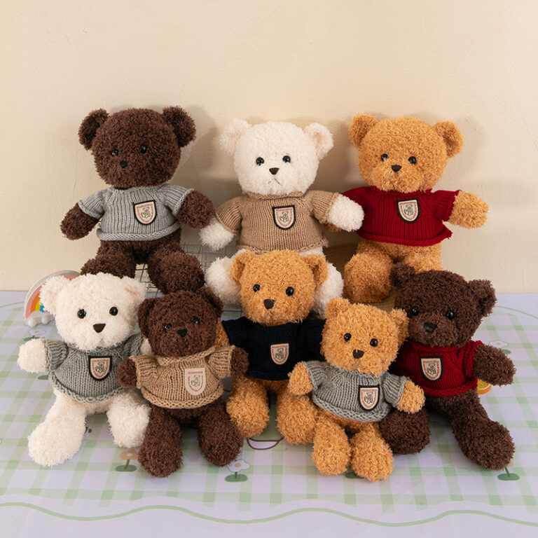 Cute Teddy Bear Plush with Peach Fleece Sweater – Comforting Stuffed Toy for Kids