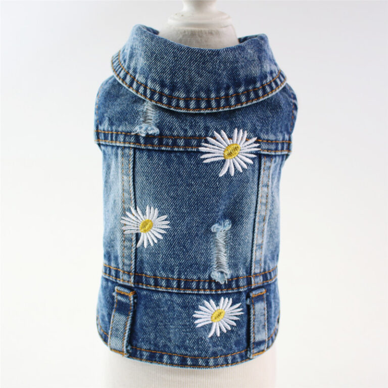 Ripped denim vest for small dogs with embroidered daisy – spring/summer/fall pet clothes