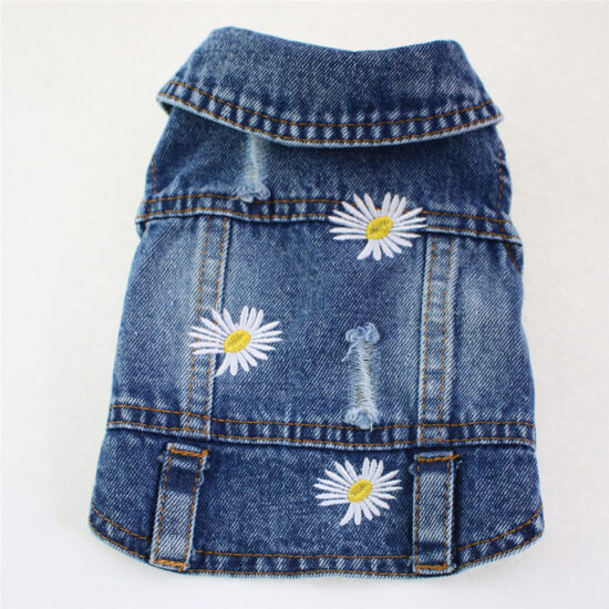 Ripped denim vest for small dogs with embroidered daisy – spring/summer/fall pet clothes

