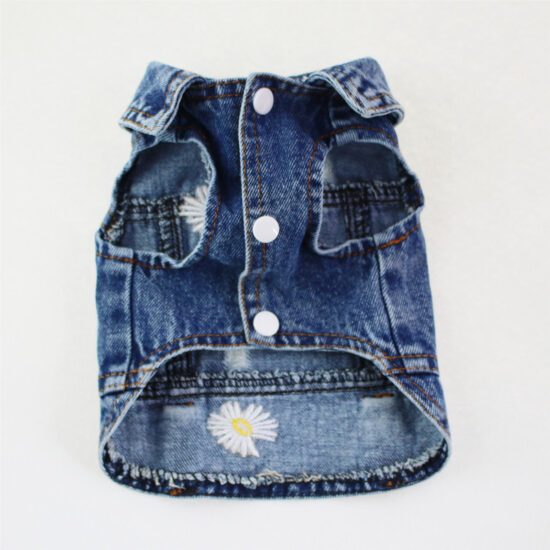 Ripped denim vest for small dogs with embroidered daisy – spring/summer/fall pet clothes

