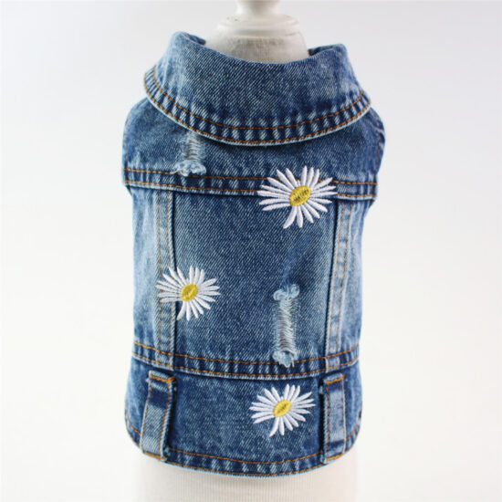 Ripped denim vest for small dogs with embroidered daisy – spring/summer/fall pet clothes

