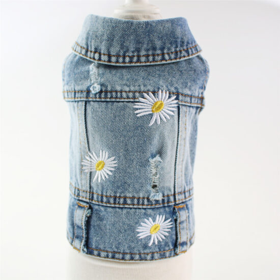 Ripped denim vest for small dogs with embroidered daisy – spring/summer/fall pet clothes

