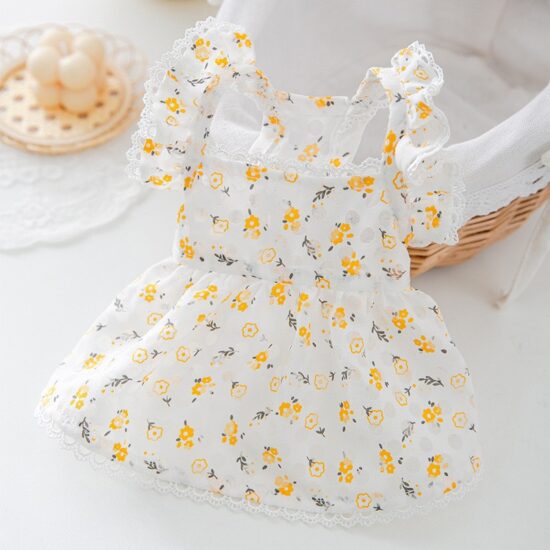 Small dog floral lace princess dress – breathable pet outfit for spring and summer