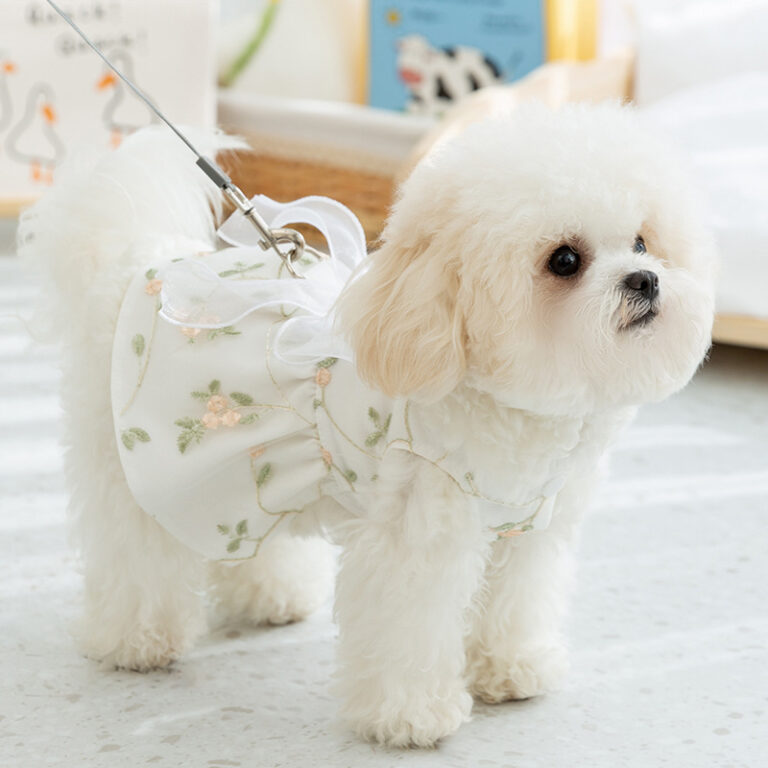 Small dog floral lace princess dress – breathable pet outfit for spring and summer