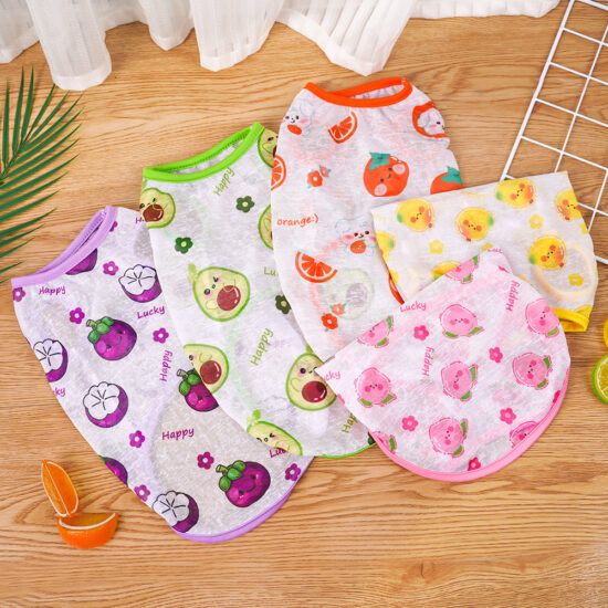 Large dog wearing a cartoon pet vest for spring and summer