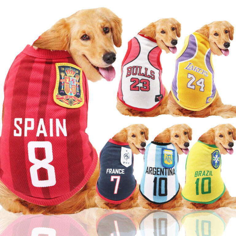 Dog wearing a World Cup-style soccer jersey – summer pet outfit for all sizes