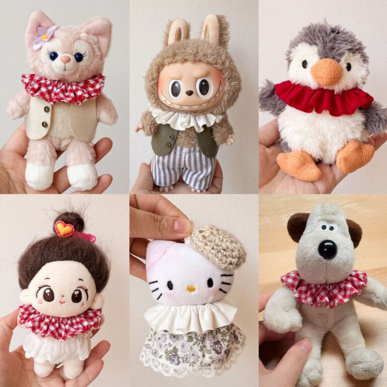 10cm plush doll wearing vintage apron and collar outfit