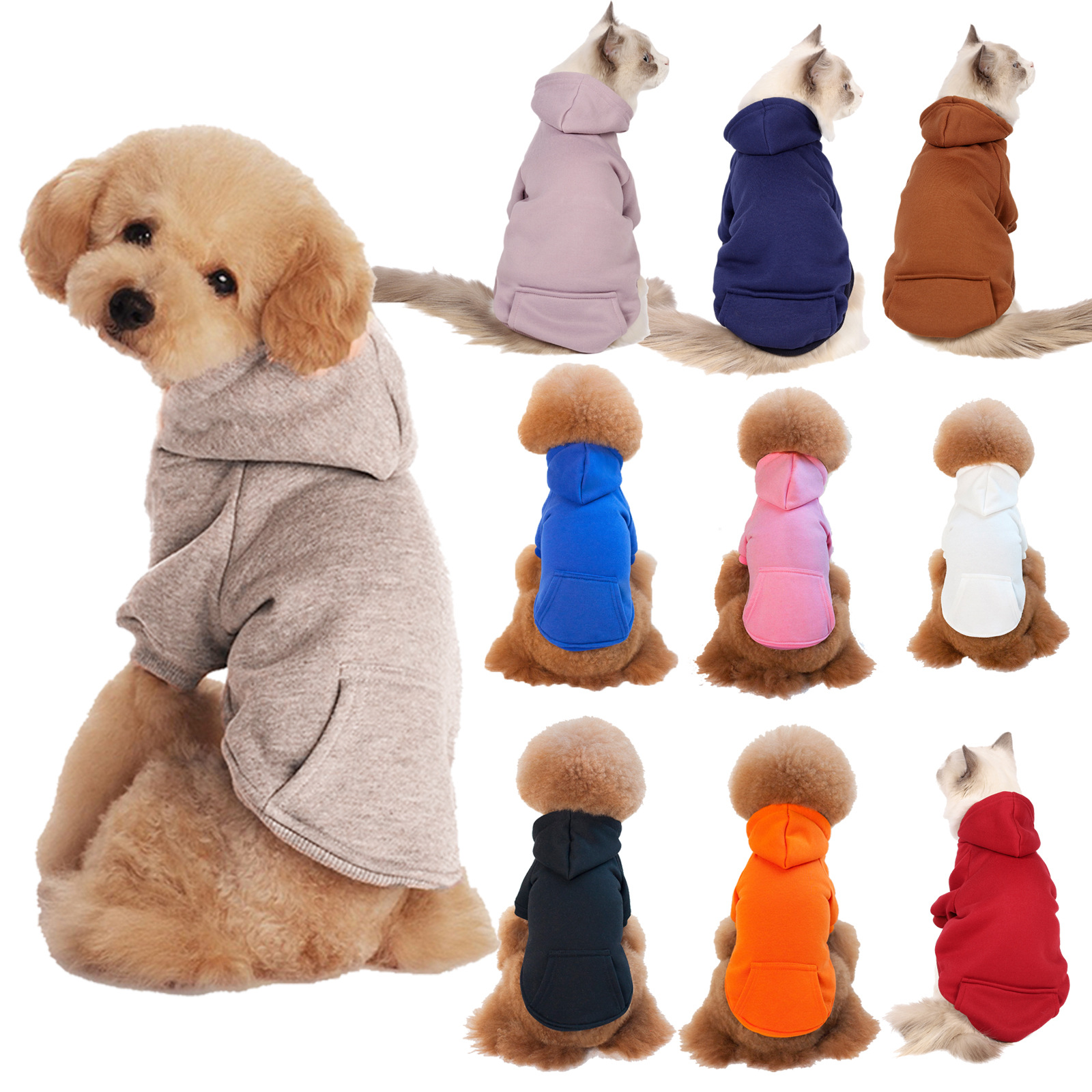 Warm fleece hoodie for small dogs in solid color